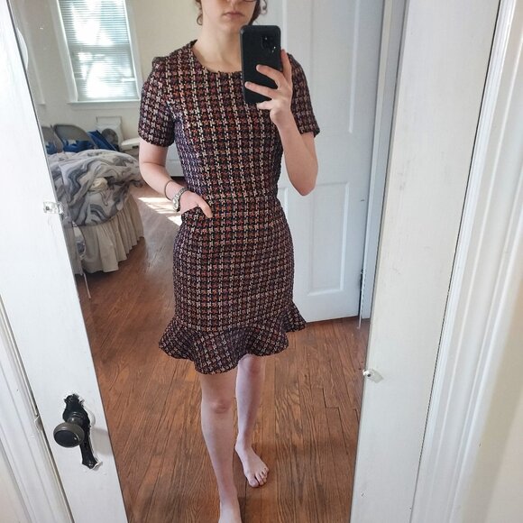 Pleione Red Blue Ruffle Tweed Short Sleeve Dress - Picture 1 of 8